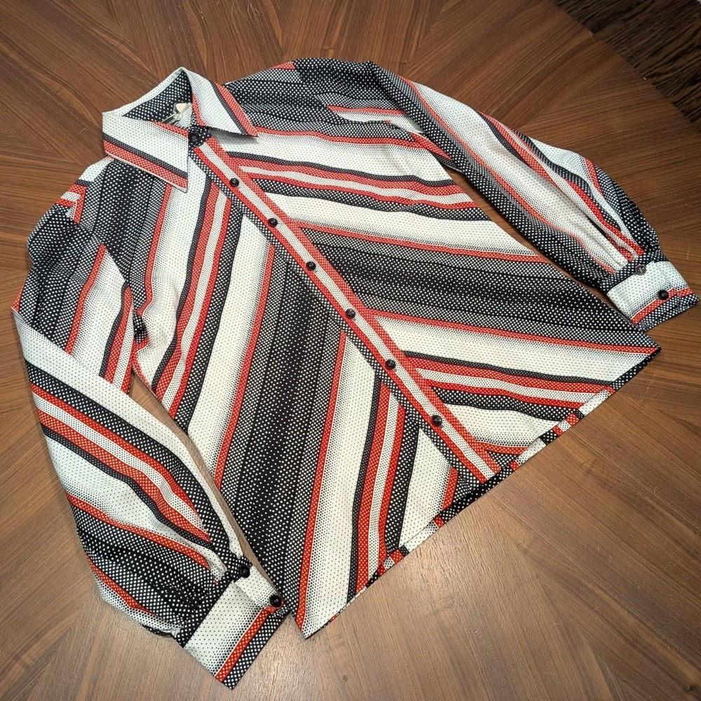 Contessa Monique Florence Alpiner Shirt Womens 12 Red Black Striped 70s Vtg